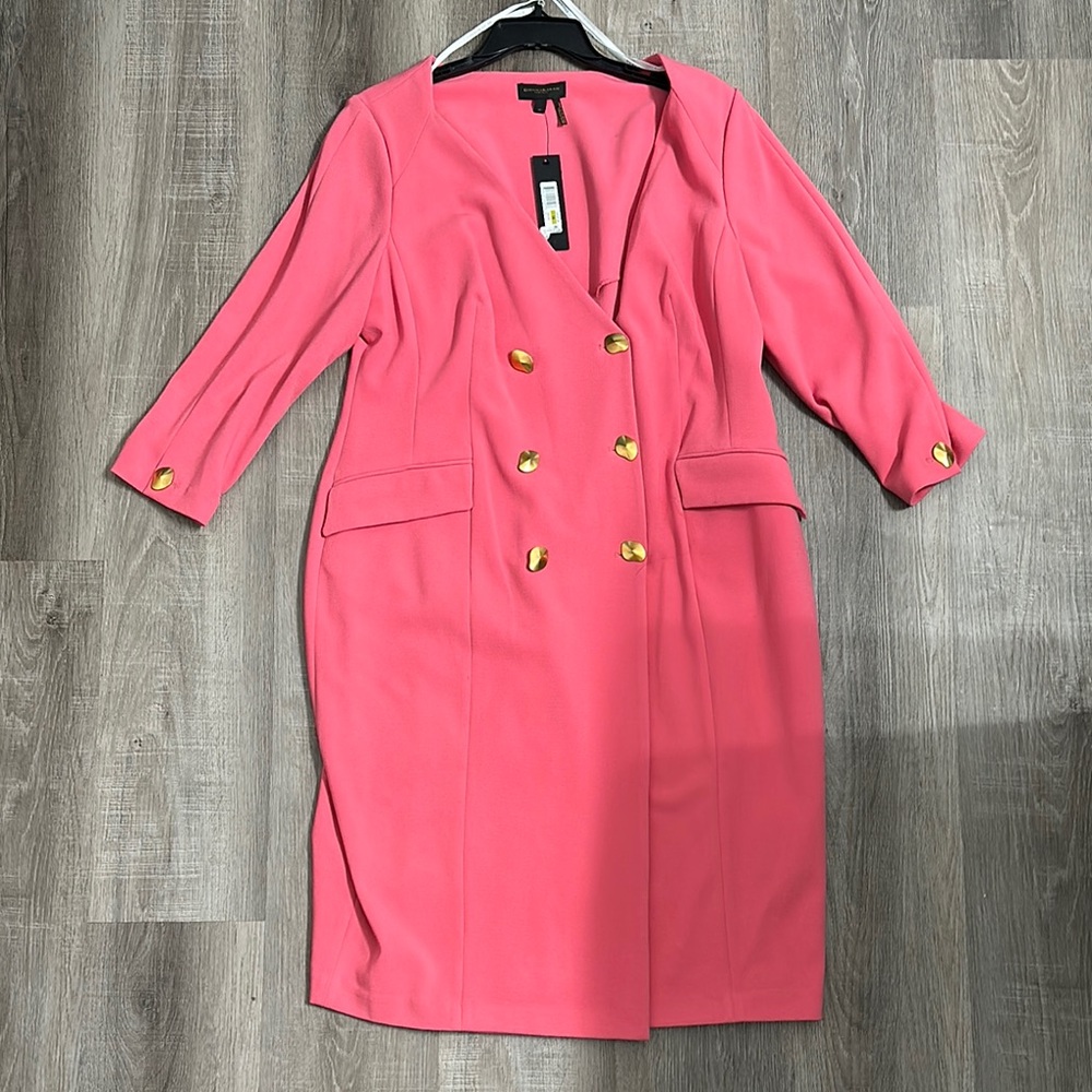 Donna Karan Coral Pink Double-Breasted Long Sleeve Dress with Gold Buttons